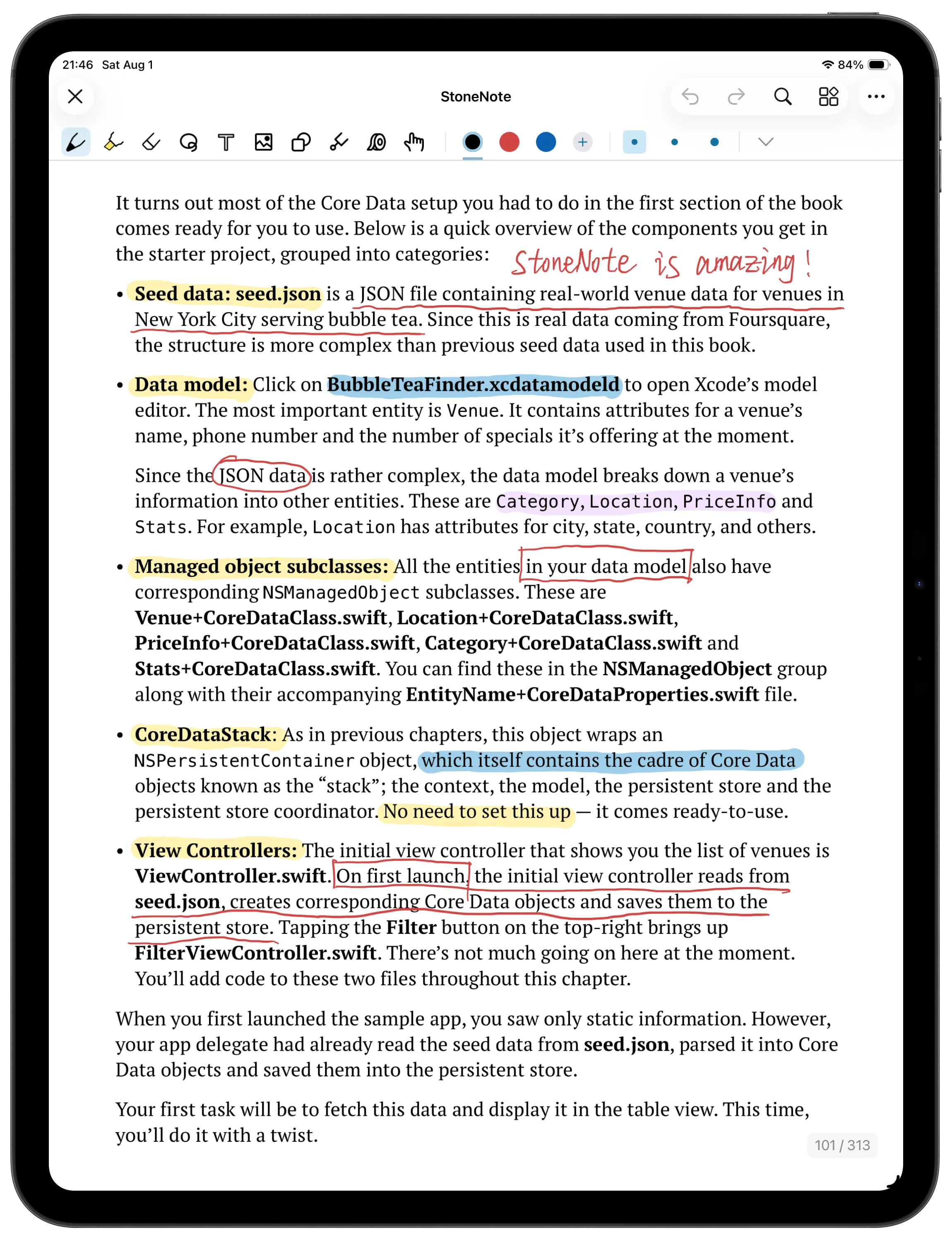 A PDF with highlights and handwritten annotations in StoneNote