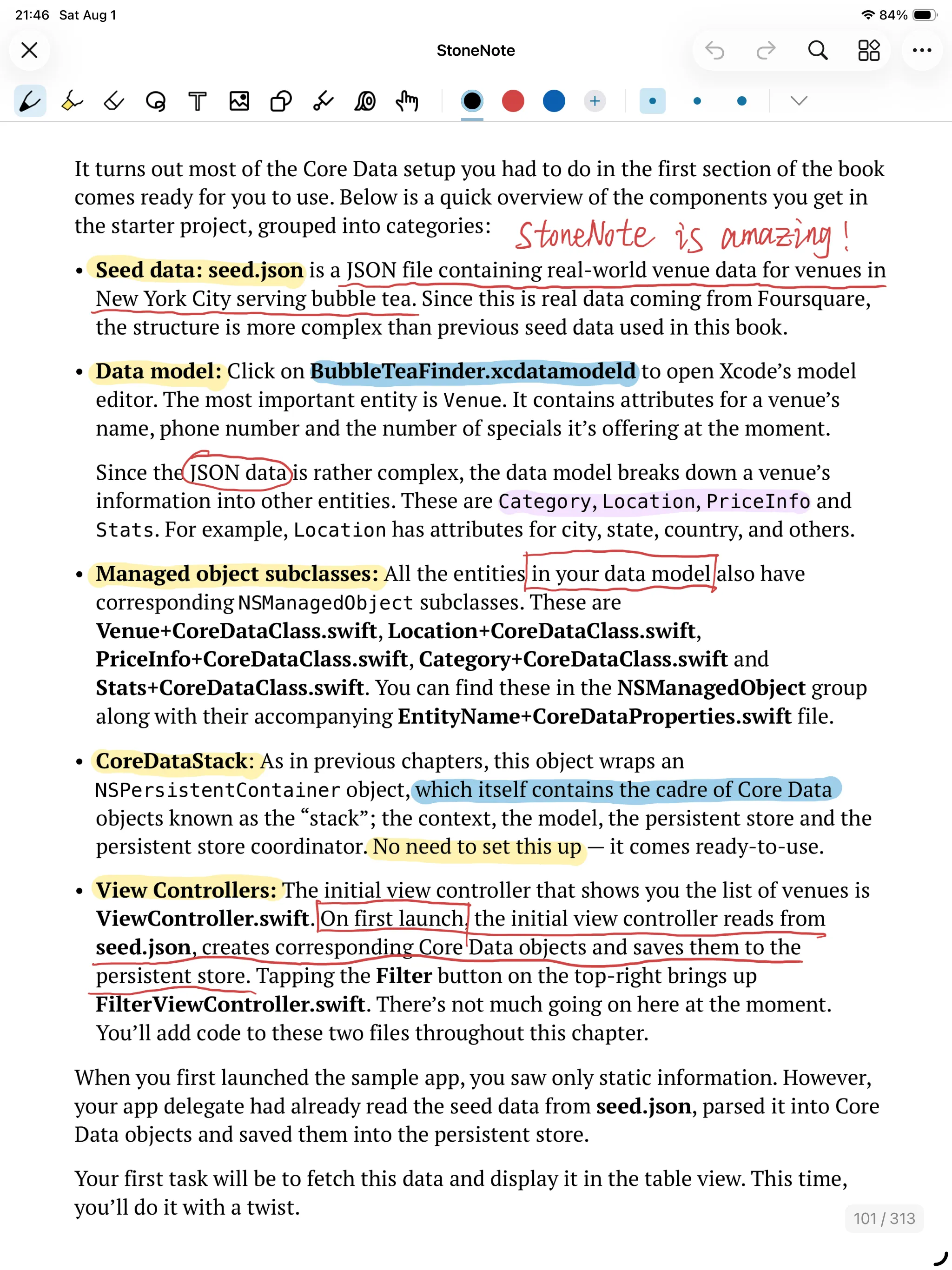 A PDF with highlights and handwritten annotations in StoneNote