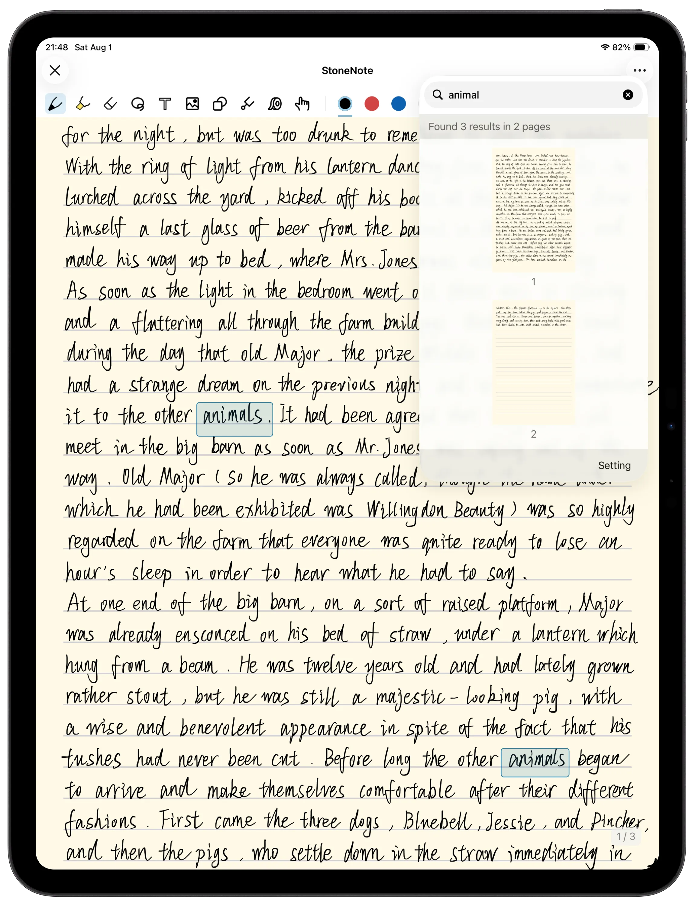 Handwriting search results highlighted in a StoneNote note
