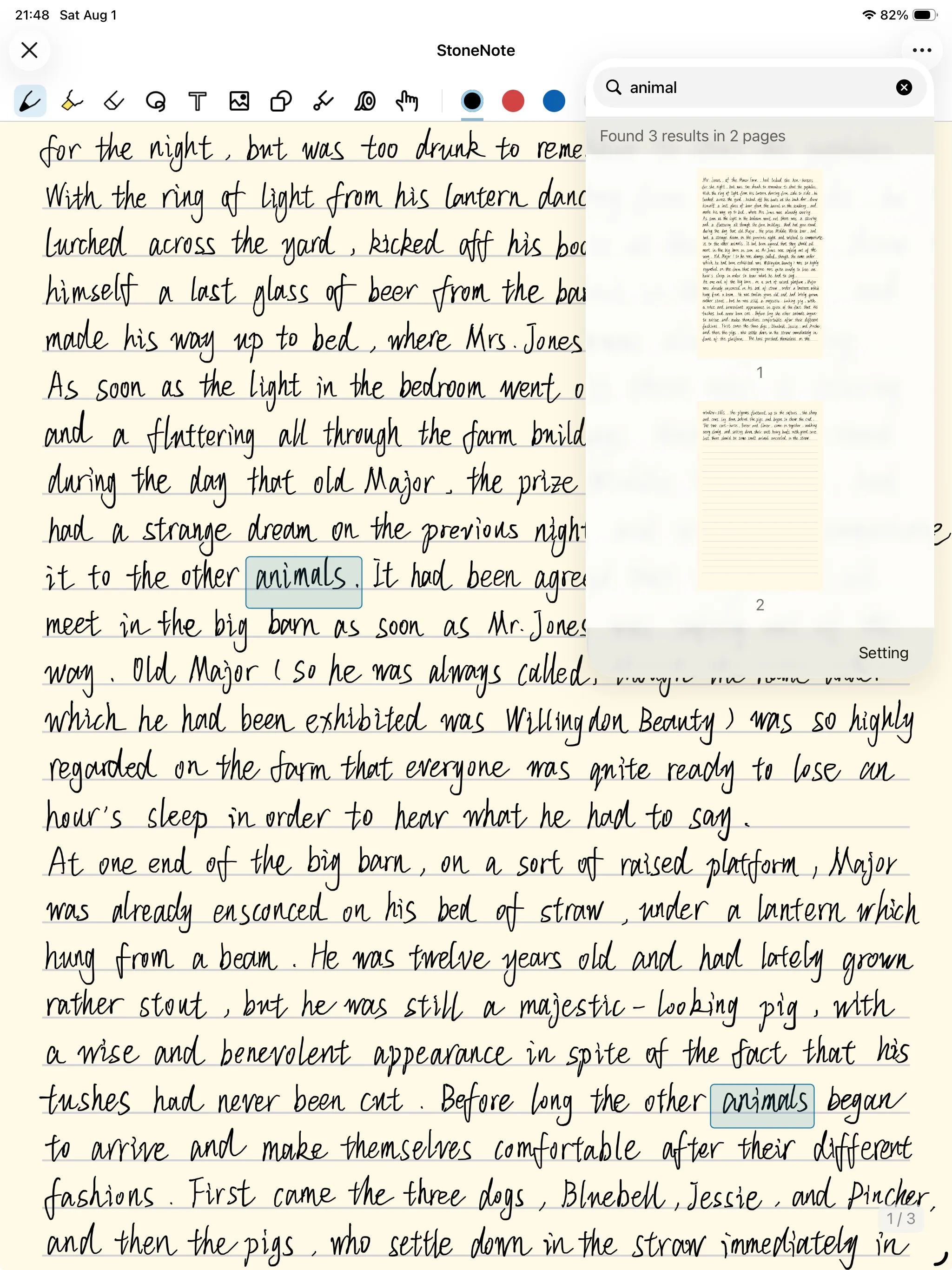 Handwriting search results highlighted in a StoneNote note