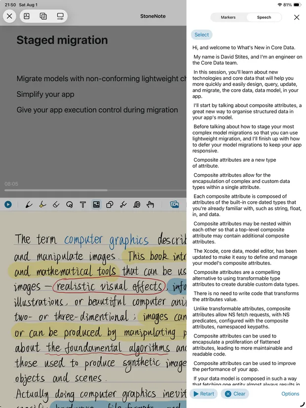 Speech recognition text beside a video note in StoneNote