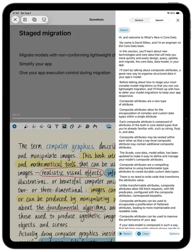 Speech recognition text beside a video note in StoneNote