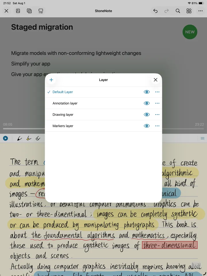The layer management panel open over a StoneNote page