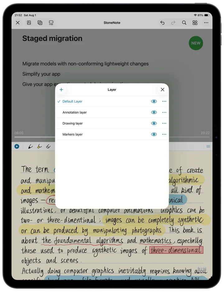 The layer management panel open over a StoneNote page