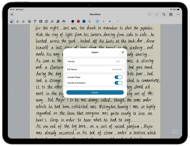 PDF export options for a finished StoneNote note