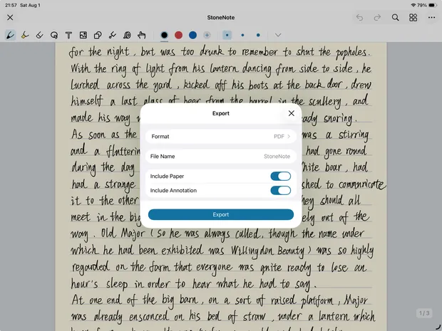PDF export options for a finished StoneNote note